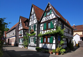 Traditional half-timbered residential houses in the old village of Jockgrim, Rheinland-Pfalz in Germany