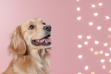 Golden retriever dog sitting near glowing hearts on pink background, love concept
