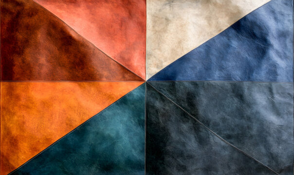 Geometric patchwork of six differently colored leather panels.  Rich textures and hues create a sophisticated background.