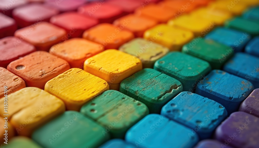 Poster colorful wooden blocks arranged in spectrum of colors. close-up view shows vibrant hues. perfect bac