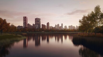 Obraz premium City skyline reflected in a serene lake.