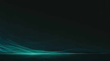 A dark background with a turquoise wave of light flowing from the bottom left corner, creating an abstract and mysterious atmosphere.