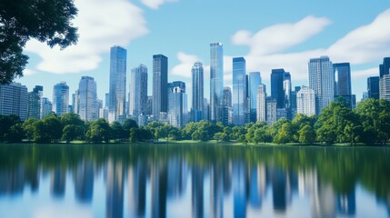 Fototapeta premium City skyline reflecting on tranquil water.
