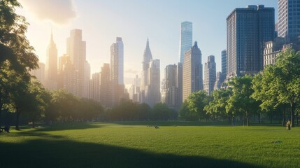 Obraz premium City skyline view at sunrise with green park.