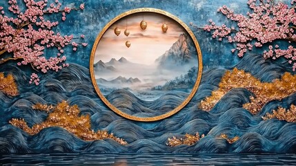Obraz premium Cherry blossom landscape with golden lanterns and flowing blue waves. Happy Chinese New Year