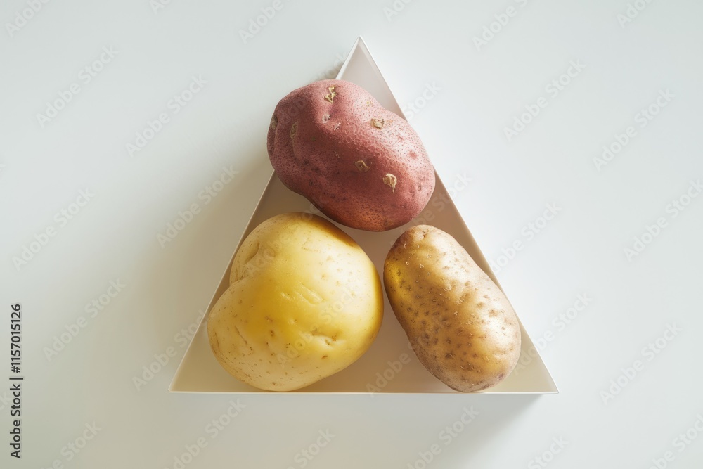 Poster Three potatoes of different colors and shapes arranged in a triangle on a white background.