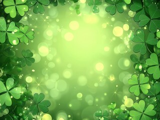 Lush Green Background with Clovers and Bokeh Highlights Perfect for St. Patrick's Day Celebrations, Nature Events, and Spring-Themed Designs
