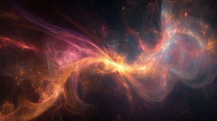 Abstract cosmic nebula, fiery swirls of energy and light.