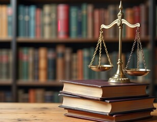 Closeup of golden scales of justice on stack of books in library setting. Legal manual training material on fair process, ethical conduct. Focus on balanced principles, education programs. Photo