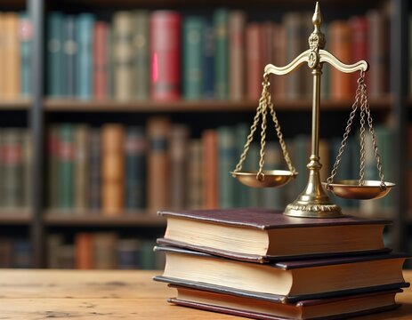 Closeup of golden scales of justice on stack of books in library setting. Legal manual training material on fair process, ethical conduct. Focus on balanced principles, education programs. Photo