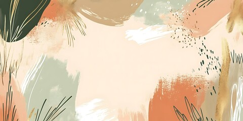 Abstract art background with peach, sage green, and gold brush strokes.