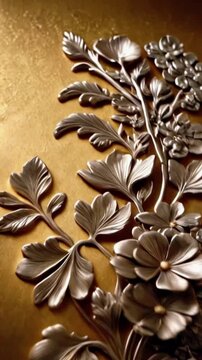 An intricate embossed floral design, lightly tarnished, sits on a golden background. A soft vignette frames the design, adding elegance, 4k High-Quality Wallpaper Background Animation Video