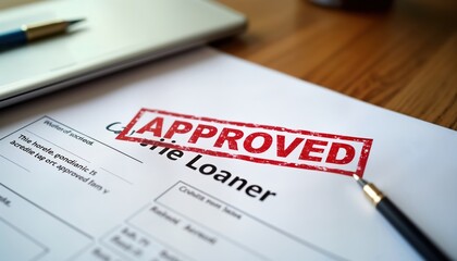 Fototapeta premium Approved credit report form shows successful home loan application. Red stamp clearly states APPROVED on loaner form. Financial document shows loan approval. Paperwork on wooden table. Business