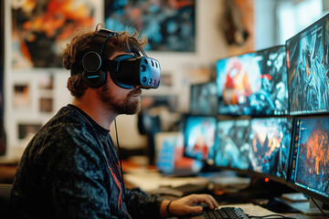 Virtual Reality Game Developer Using Headset and Multiple Monitors. Generative Ai.