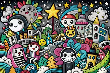 Obraz premium Playful Black & White Doodle Urban Exploration: Quirky Cartoon Characters & Abstract Shapes