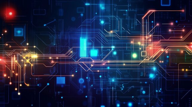 Neon circuit board pattern.  Digital technology, innovation concept.