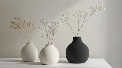 Minimalist vase trio with dried flowers on a white table showcasing simplicity and calm in modern home interior decoration.