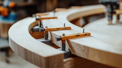 Obraz premium Glue laminated wood trusses in a workshop setting showcasing ecological timber beams and construction techniques for sustainable building projects