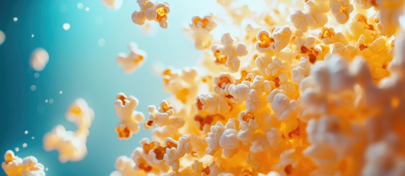 Colorful popcorn explosion background ideal for movie night invitations and promotional graphics celebrating cinema experiences
