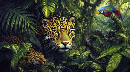 A vivid depiction of jungle animals like a jaguar, parrot, and snake in a dense and colorful rainforest. 