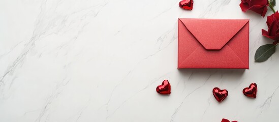 Valentines Day love letter with red box and heart decorations on white marble background for romantic celebration concepts