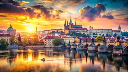 Obraz premium Prague Double Exposure: Romantic Cityscape & Charles Bridge Dream