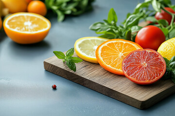 Citrus Fruits, Tomatoes, and Basil on Wooden Board. Generative Ai.