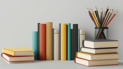 Colorful books and pencils on a table