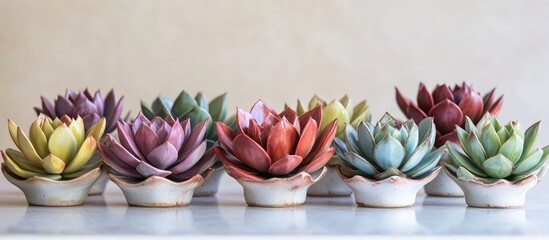 Colorful echeveria succulents arranged in decorative pots on a white table ideal for home decor and botanical photography inspiration