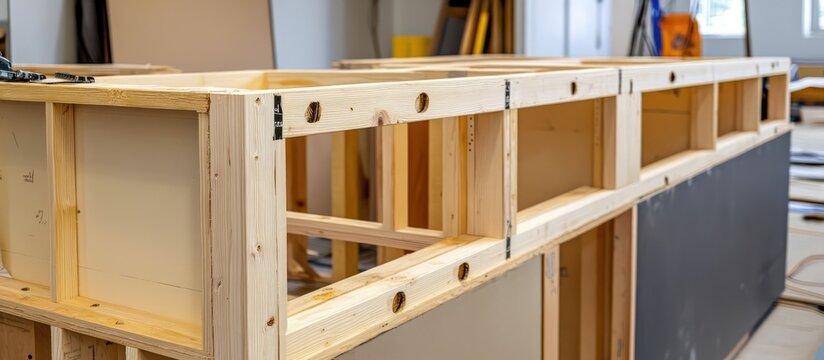 Sturdy wooden framing of an under construction kitchen cabinet perfect for interior renovation and woodworking projects