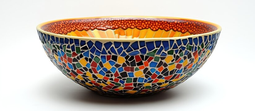 Colorful ceramic bowl with intricate mosaic design perfect for home decor or culinary presentations. Unique craftsmanship for artistic flair.