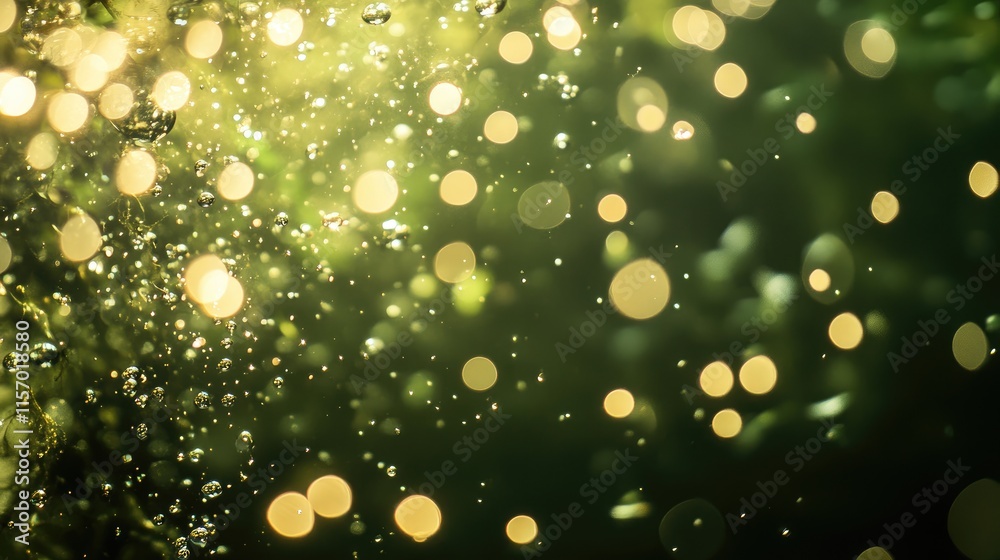 Poster underwater bubbles and bokeh illuminated by sunlight creating a sparkling effect in clear green wate