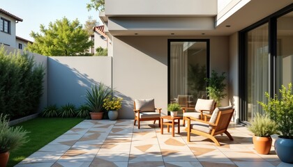 Modern house backyard terrace features stylish wooden furniture. Relaxing patio area with plants, decorative tile floor. Beautiful design combines modern architecture with nature-inspired