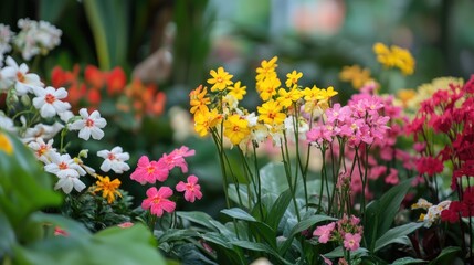 Fototapeta premium Colorful flower garden featuring a vibrant array of red yellow pink and white blooms in full bloom surrounded by lush greenery