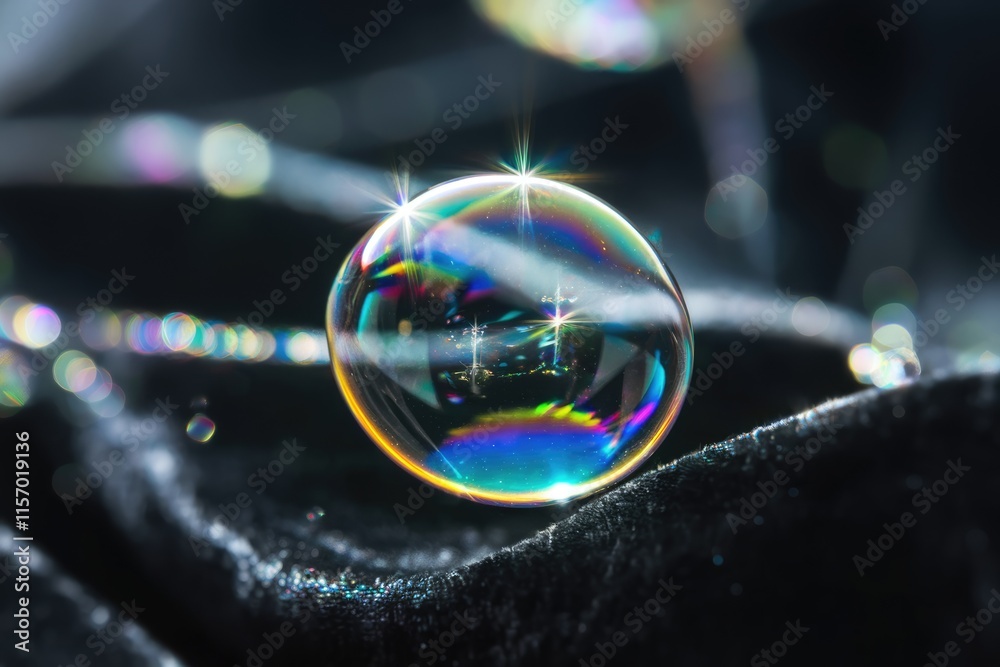 Poster A vibrant iridescent soap bubble rests on a dark surface, reflecting light and creating starburst patterns.