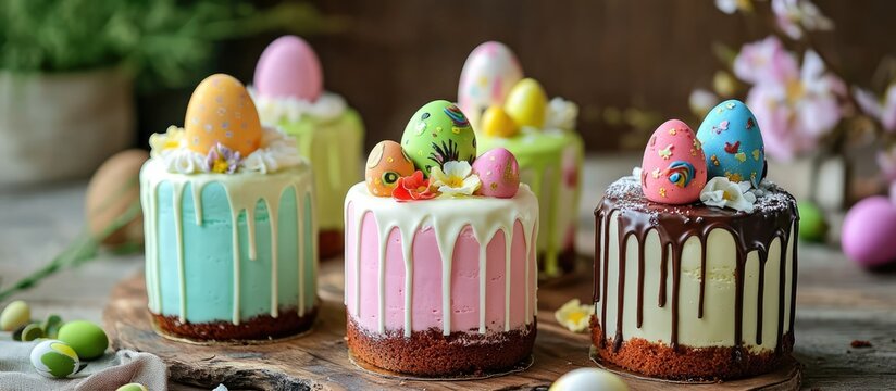 Festive Easter cakes decorated with colorful eggs ideal for holiday celebrations and springtime gatherings
