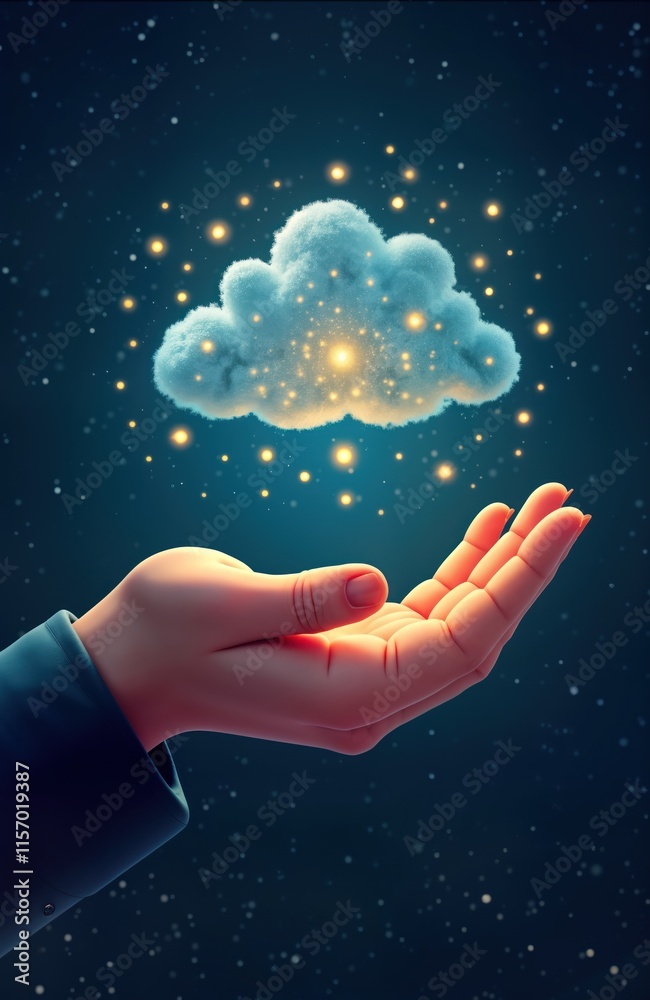 Poster Hand holds luminous cloud of stars data storage, accessibility. Cloud computing concept. Secure tech access. Digital data safely stored. Hand holds tech cloud. Illustration of modern tech. Data