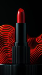 A close-up of a red lipstick against a dark background with wavy red lines.