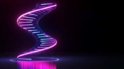 Colorful DNA helix with glowing neon lights.