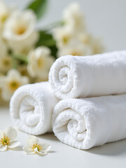 Soft White Towels And Delicate Flowers Subtly Fill A Blurred Background With Gentle Elegance And Serene Beauty. 00003