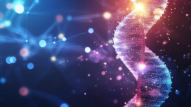 Colorful DNA strand in digital background.