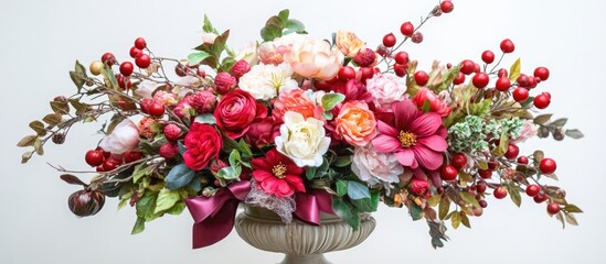 Fototapeta premium Elegant arrangement of vibrant artificial flowers with lush branches and decorative elements in a stylish vase ideal for home or event decor