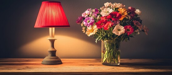 Colorful floral bouquet in glass vase beside a red lamp on rustic wooden table creating a warm and inviting home decor atmosphere