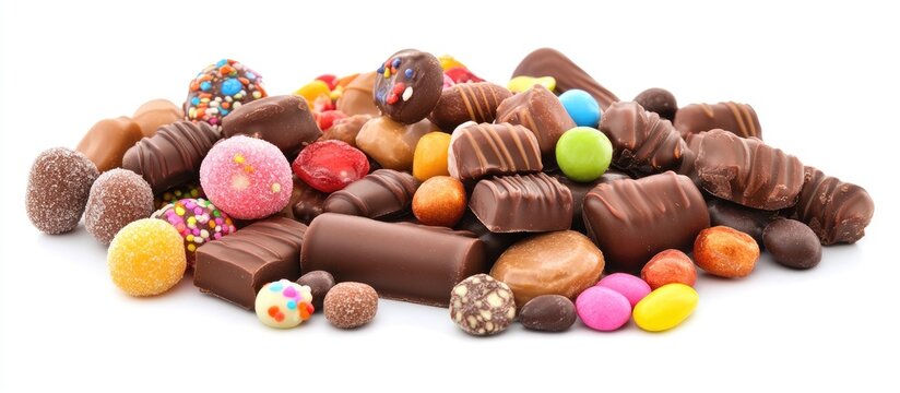 Assorted chocolate candies and colorful sweets arranged on a white background showcasing delicious treats and desserts for festive occasions.