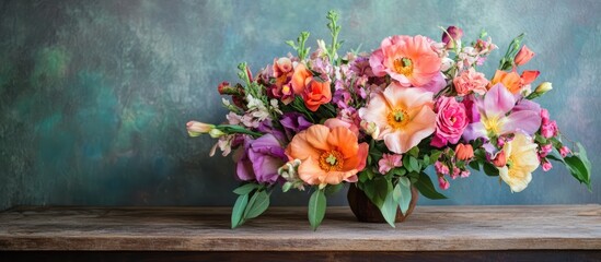 Fototapeta premium Elegant large flower bouquet in vibrant colors on a rustic wooden table enhancing home decor with a charming artistic background