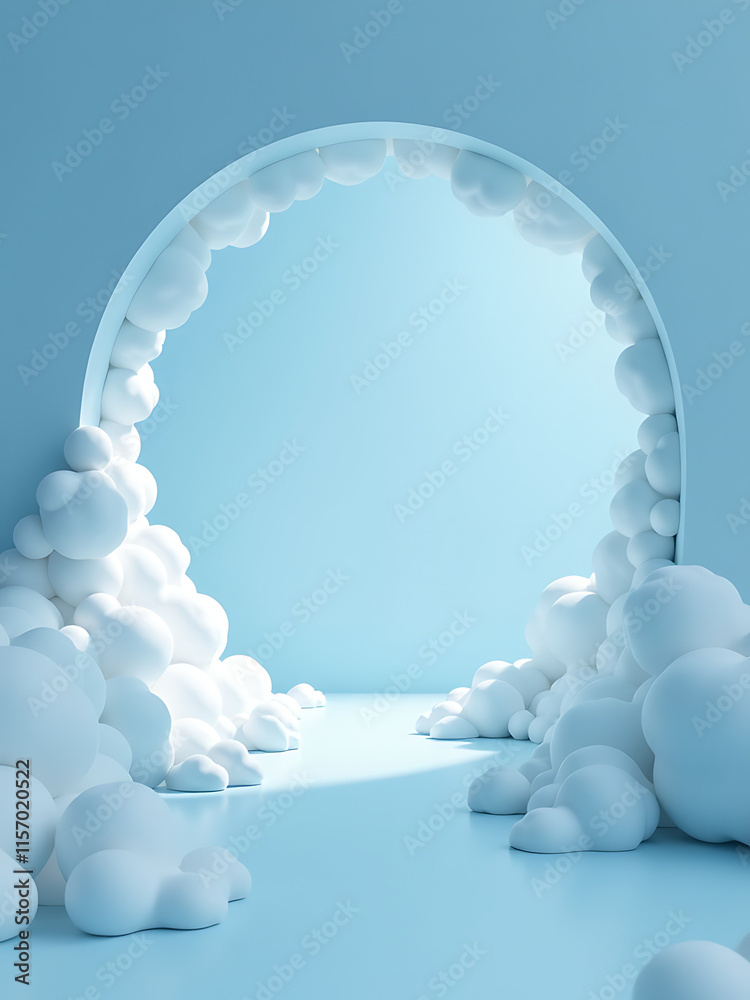 Poster Soft White Clouds Drift Gently Through A Serene Blue Tunnel, Creating An Abstract Minimal Background For Contemplation And Reflection Always. 00001