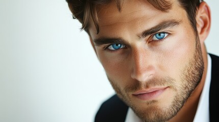 Fototapeta premium Confident businessman with striking blue eyes portrayed against a neutral background showcasing professionalism and charisma.