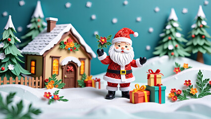 charming paper quilling scene: santa claus in front of a quaint cottage, surrounded by presents and flowers, perfect for holiday greetings and winter decorations
