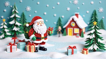charming paper quilling scene: santa claus in front of a quaint cottage, surrounded by presents and flowers, perfect for holiday greetings and winter decorations