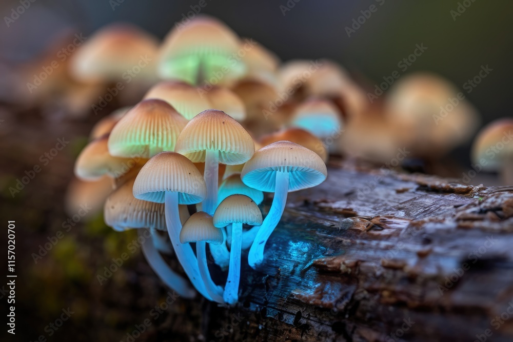 Poster glowing cluster of mushrooms on a decaying log, showcasing bioluminescence.